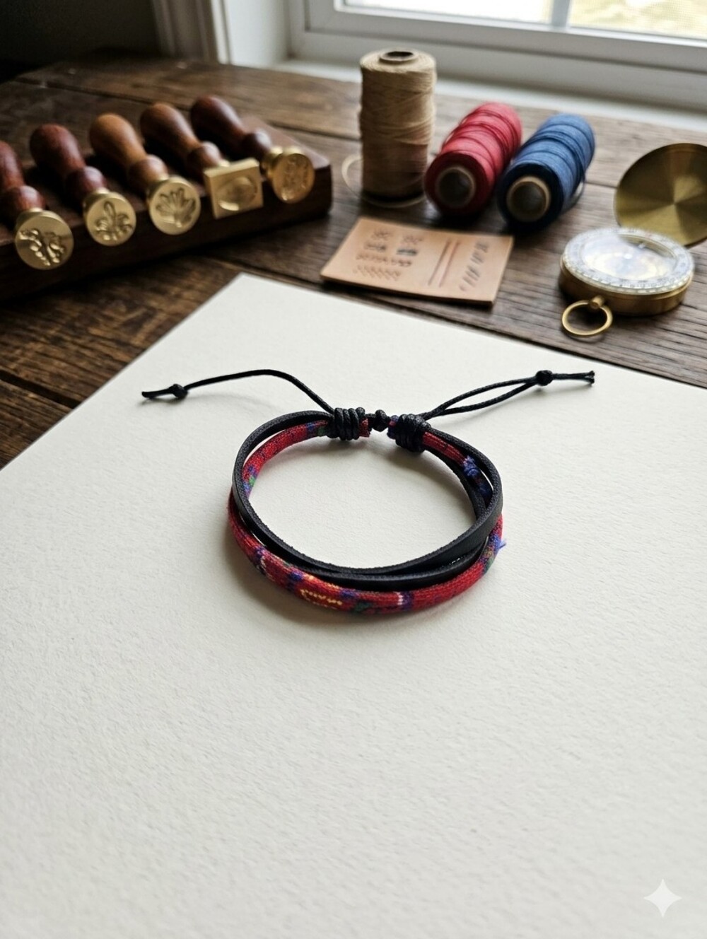 Handmade Red & Black Woven Leather Wrap Bracelet